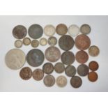 Collection of silver and copper coins to include a 1766 George III shilling, 1887 shilling, two 1806