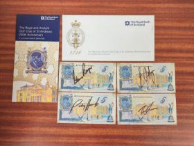 Banknotes. Golf Interest. Four Royal Bank of Scotland "Old Tom Morris" £5 banknotes dated 14th May