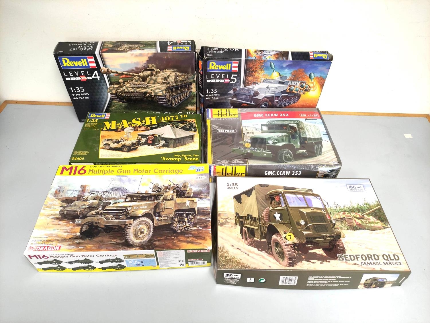 Six 1:35 scale boxed model construction kits to include a Revell Sd.Kfz.167 Stug IV 03255, a