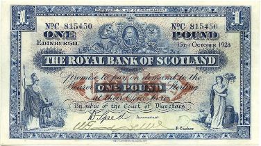 The Royal Bank of Scotland. One pound £1 banknote 15th October 1928, D Speed, hand signed by the