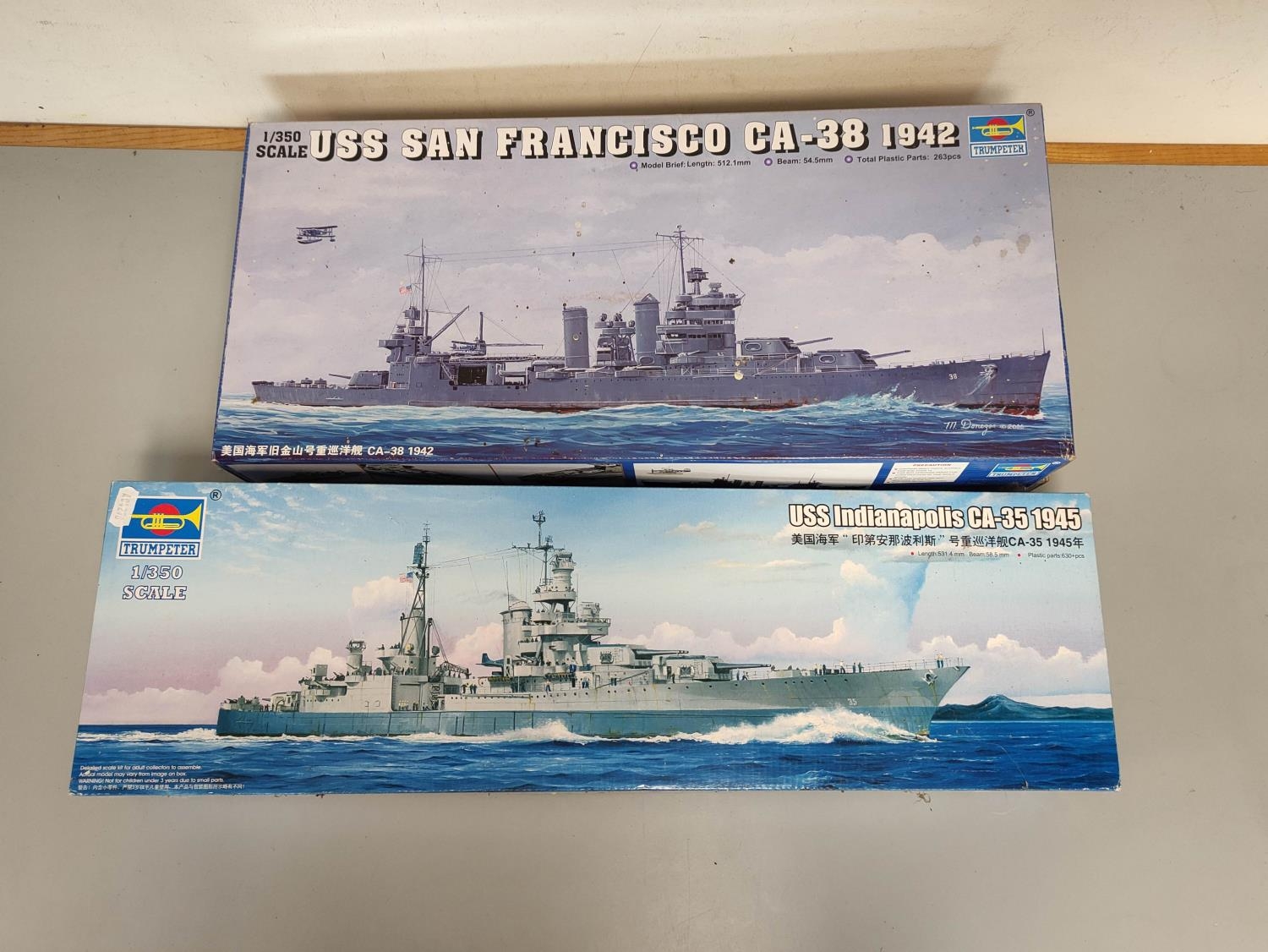 Trumpeter. Two boxed 1:350 scale model ships to include USS San Francisco CA-38 1942 No.05309, and