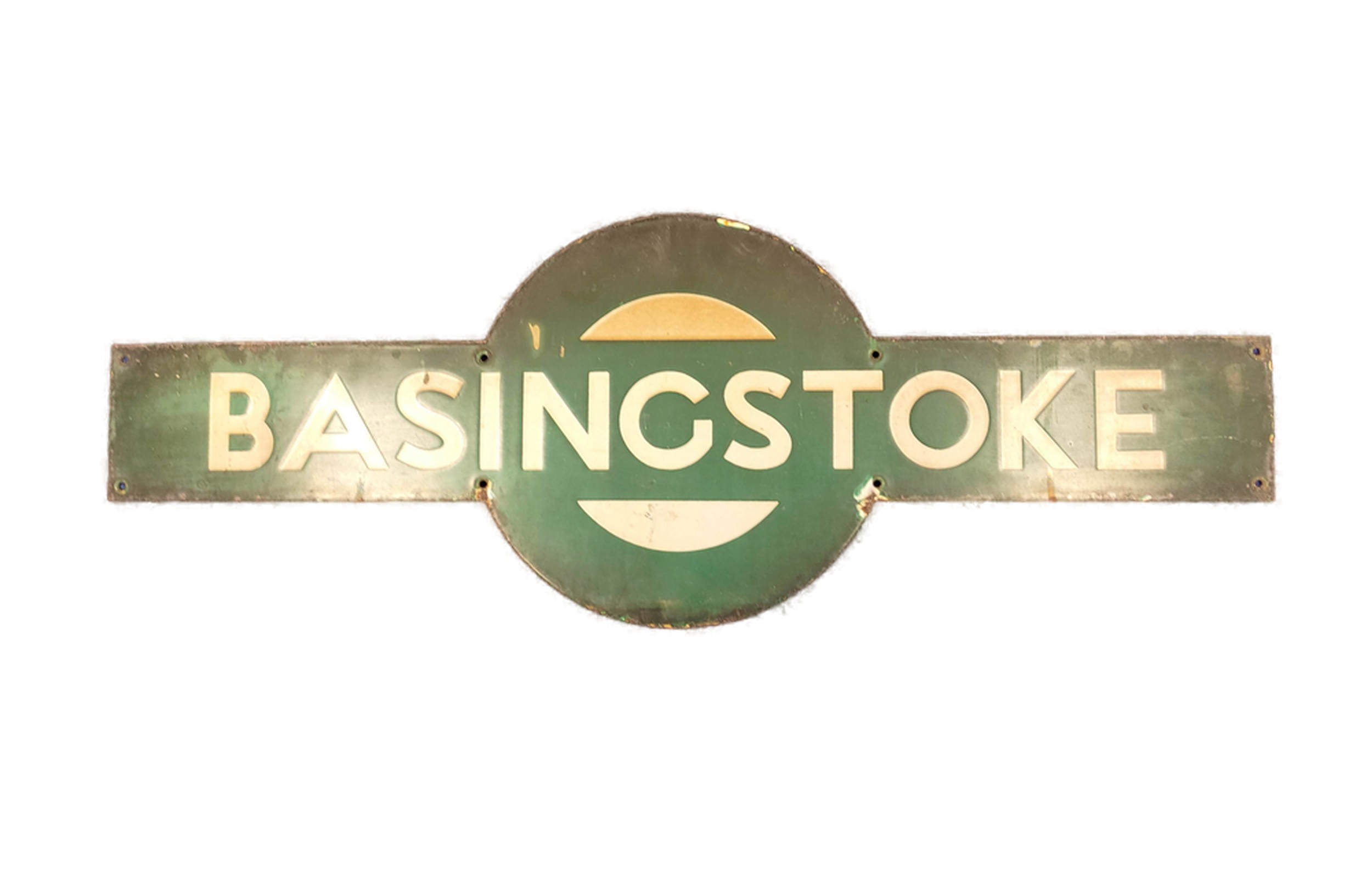 Southern Railways green and white enamel station sign 'Basingstoke'  33cm x 91.5cm.