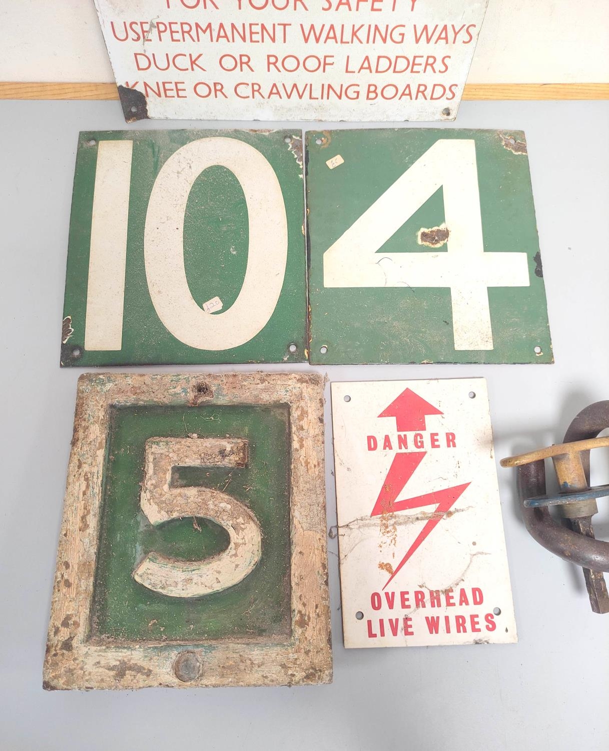 Collection of 20th century enamel signs to include a rectangular fragile roof warning sign, overhead - Image 3 of 4