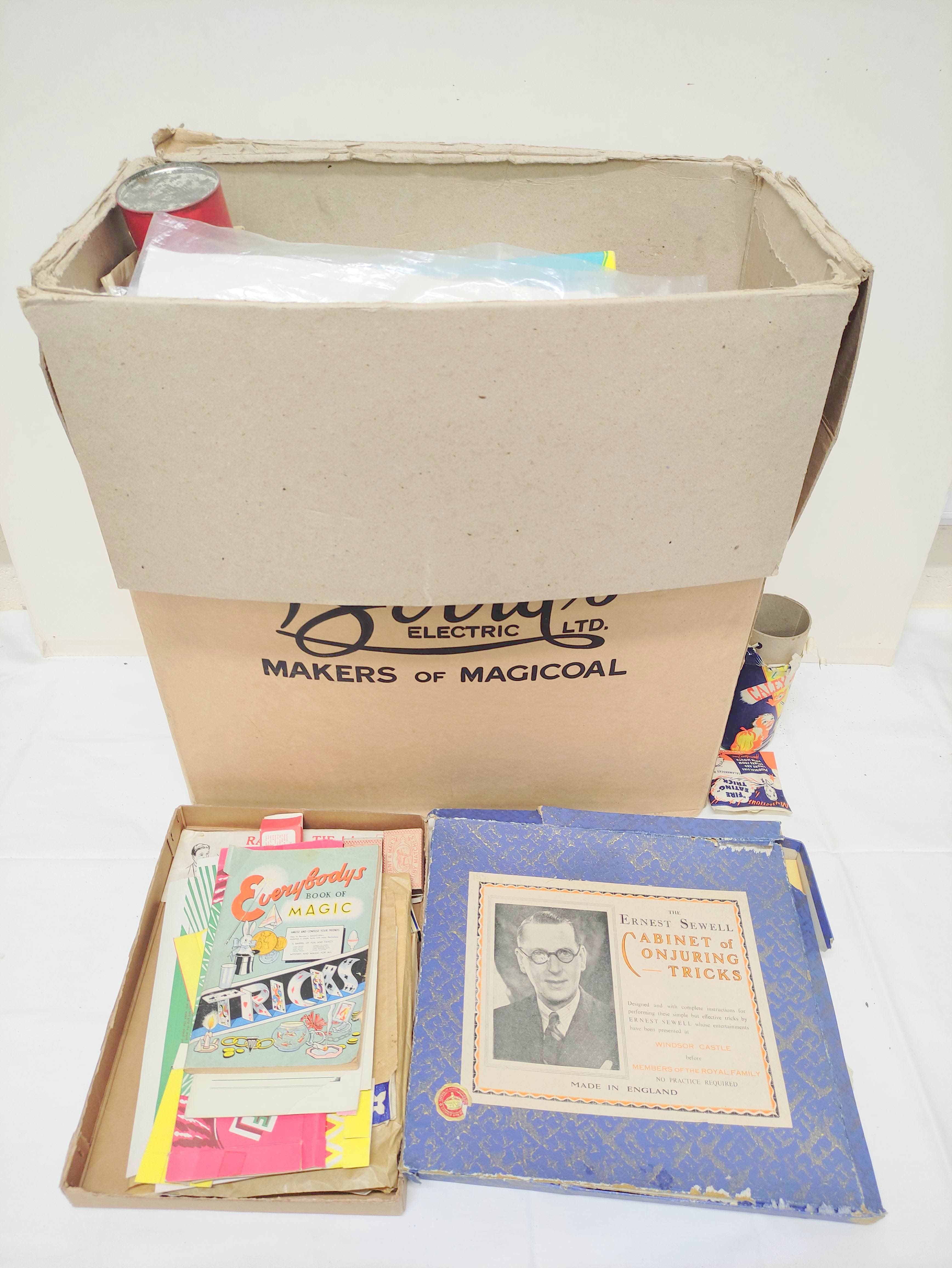 Large box of assorted magic tricks to include Gay Deceiver Magic Box, a partial Ernest Sewell