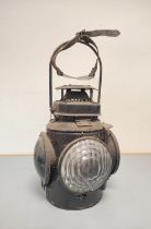 Three way railway signal lamp "The Adlake non sweating lamp" contained in black painted carry