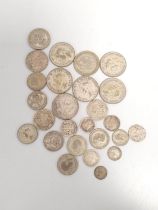 Collection of British and World silver coins to include 162.9g of .500 grade silver coins to include