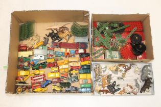 Britains zoo animals and enclosure fences, Matchbox diecast models and a small group of Meccano