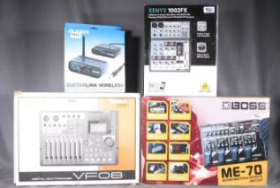 Four boxed music equipment to include Boss ME-70 multi effect guitar pedalboard, Fostex digital