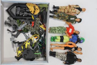 Action Man, six dolls / figures in army and scuba dress, various weapons, clothing, boat, etc.