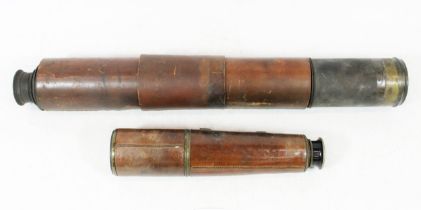 Early 20th century Negretti & Zambra two draw telescope with brown leather covers, 200cm long when