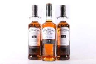 Three bottles of BOWMORE 12 year old Islay single malt Scotch whisky, 40% abv. 70cl, two boxed. (3)