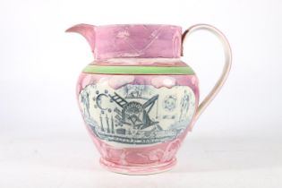 Masonic interest, a Sunderland lustre pottery jug decorated with Masonic vignettes including