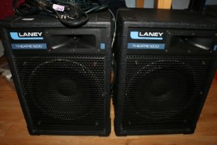 Music sound system comprising of two Laney speakers with floor stands, Carlsbro power head, Tascam