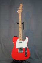 Artisan six string electric guitar with red and white body, guitar strap in hardcase, serial