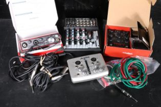 Box containing music equipment to include Trio Band Creator and Looper boxed, Behringer Xenyx