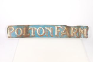 Vintage double-sided painted wood 'POLTON FARM' sign, 12cm x 80cm.