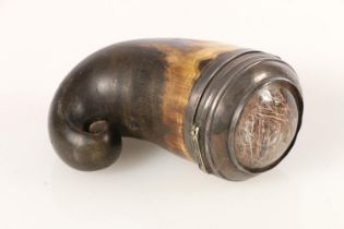 Antique horn snuff mull, the white metal mounts inscribed 'A Wardron Madras 1823', with rock crystal
