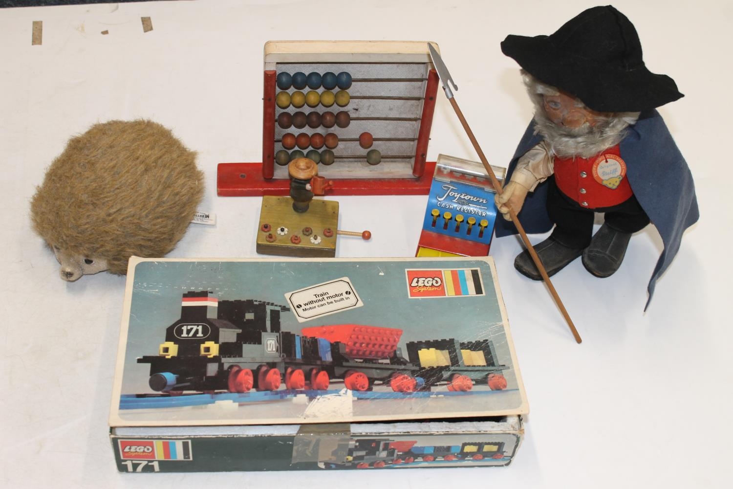 Vintage Steiff Shafer (Shephard) doll with original label, a Merrythought hedgehog soft toy, Lego