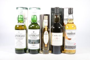 Five bottles of peated whisky to include LAPHROAIG 10 year old 70cl 40% abv. boxed, LAPHROAIG Select