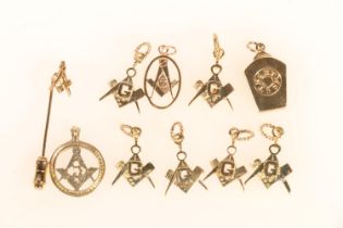 9ct gold Masonic pendants and charms to include tablet, compass etc. 18g gross