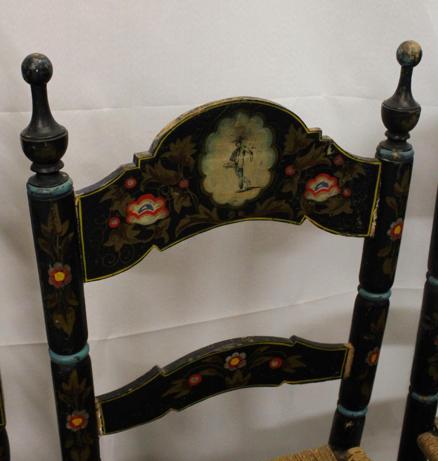 Two pairs of Spanish colonial hall chairs, 19th century, the ebonised chairs painted in gilt - Image 7 of 12