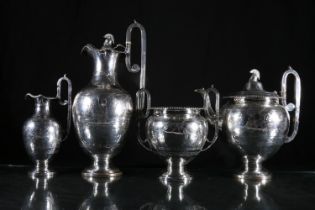 Victorian silver four-piece tea and coffee service, of matching Etruscan revival design, the
