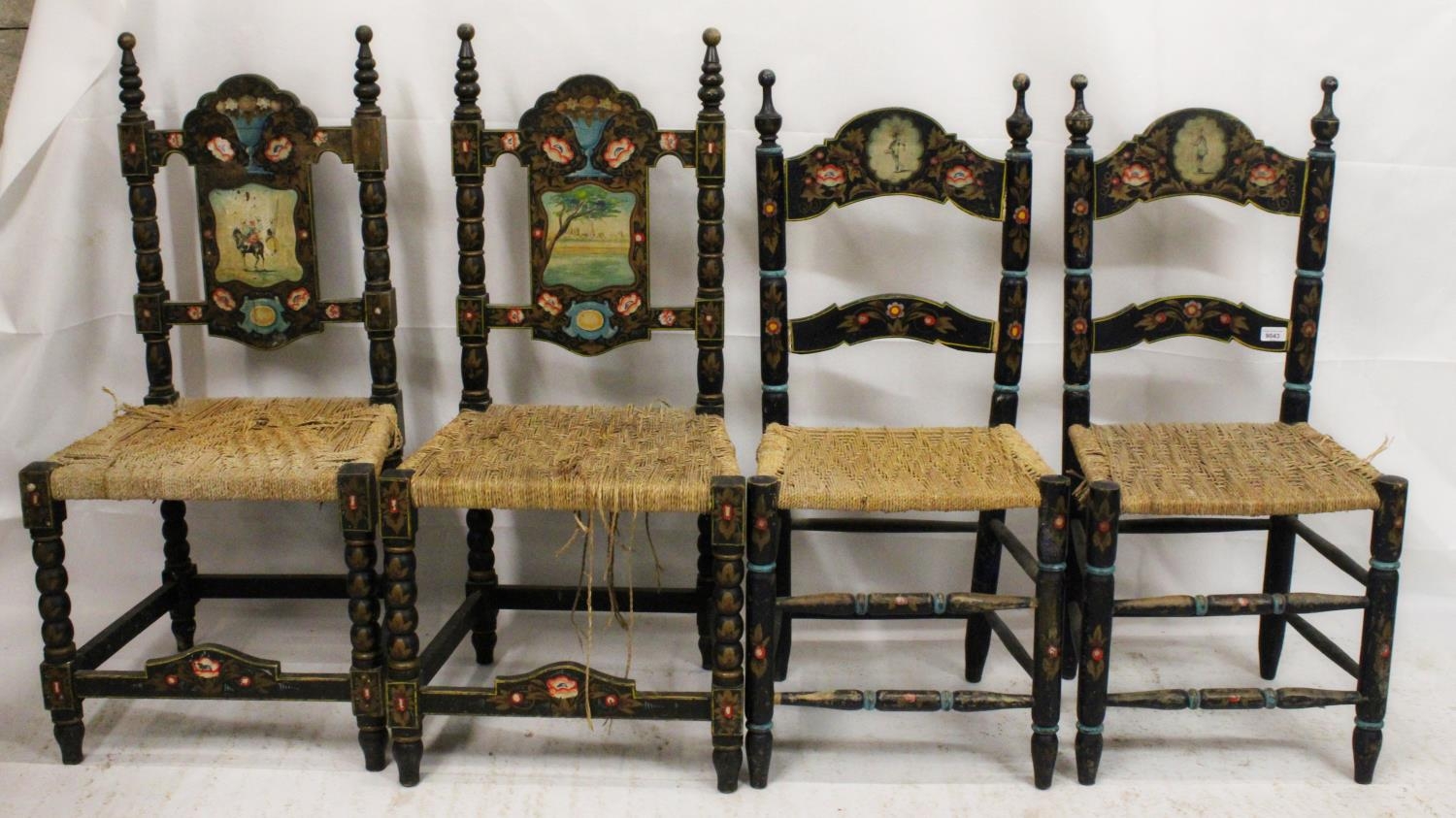 Two pairs of Spanish colonial hall chairs, 19th century, the ebonised chairs painted in gilt