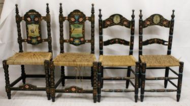 Two pairs of Spanish colonial hall chairs, 19th century, the ebonised chairs painted in gilt