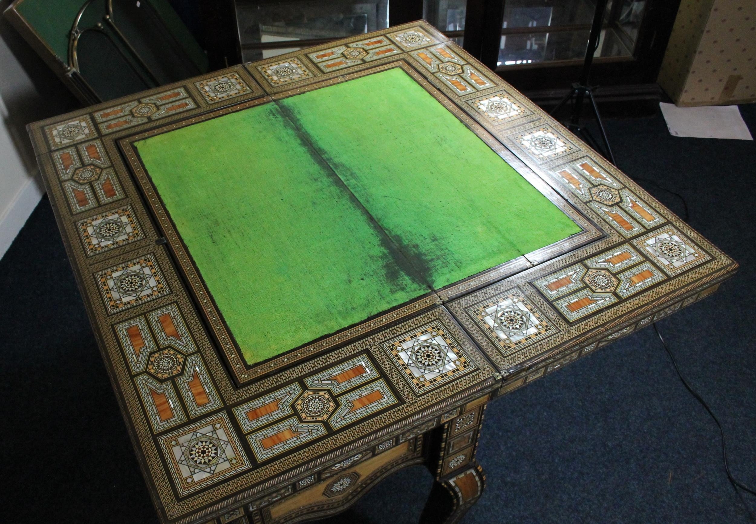 Syrian folding games table of Moorish design, mid 20th century, the elaborately inlaid mother of - Image 6 of 8