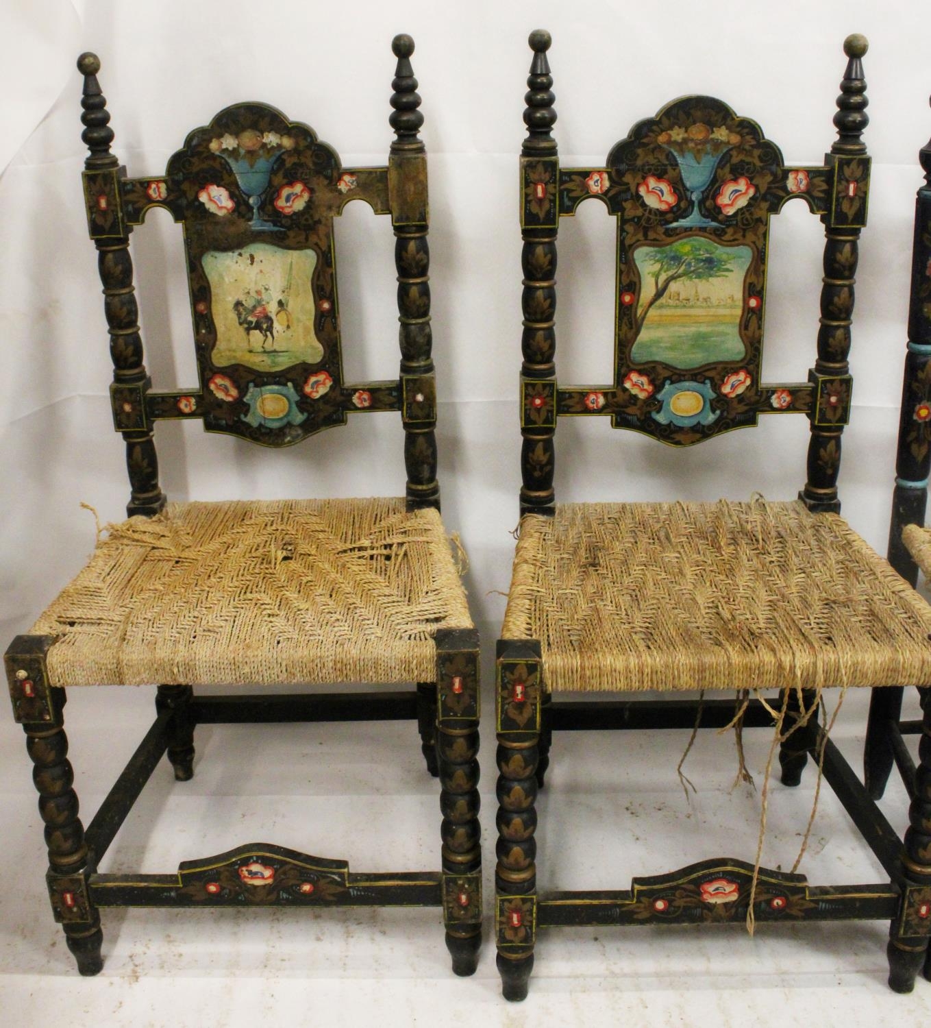 Two pairs of Spanish colonial hall chairs, 19th century, the ebonised chairs painted in gilt - Image 2 of 12