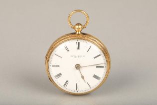 Victorian open faced 18ct gold pocket watch, the white enamel dial under cushion dome bezel