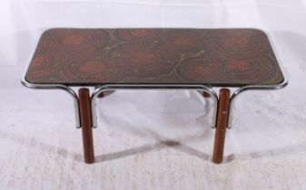 Modernist lacquer topped coffee table, c1970s, the lacquer top with abstract form tree ring design