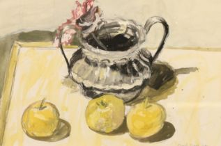 MARK JONES Still life tabletop with apples and silver pot, Gouache painting, signed and dated '62