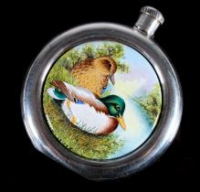 Moorcroft hallmarked silver hip flask, the body inset with round ceramic plaque painted in