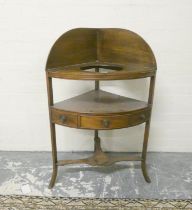 Georgian mahogany bow-front corner washstand with raised half gallery top with circular aperture