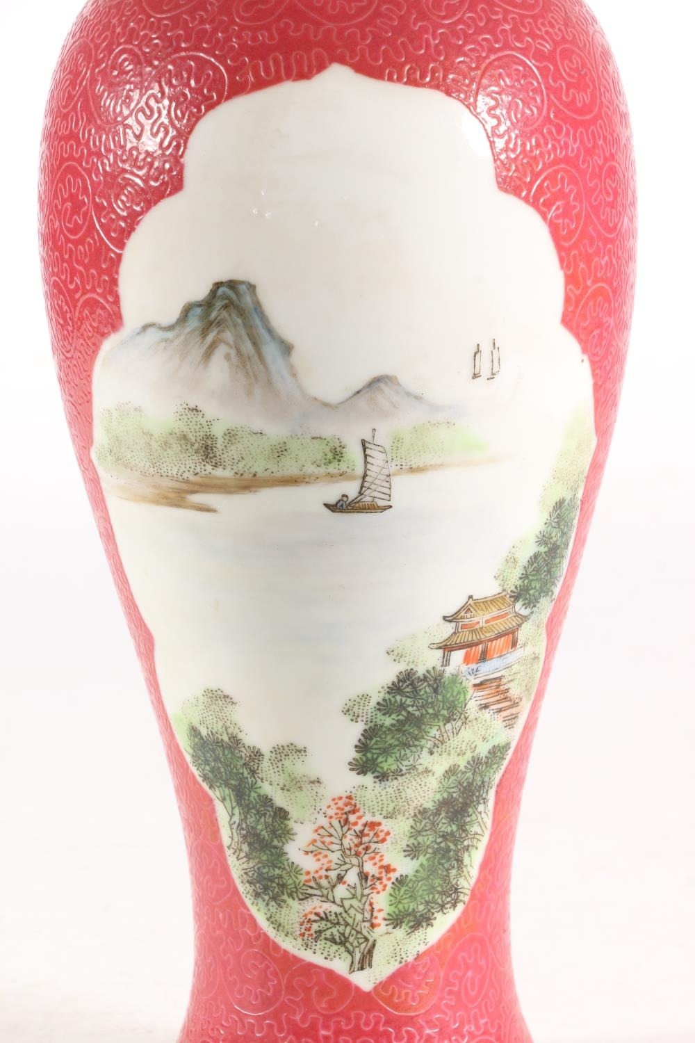 Chinese Jingdezhen porcelain vase, mid-20th century, the painted polychrome landscapes within - Image 2 of 7