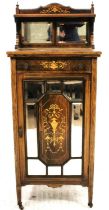 Edwardian rosewood and satinwood inlaid music cabinet, inset with upstand mirror over plain top, the