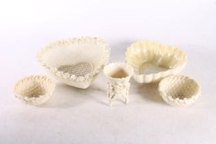 Belleek heart shaped basket bowl, early 20th century, lattice work body with floral encrusted