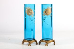 Pair of aesthetic style blue glass and enamel vases in the manner of Baccarat, late 19th century,