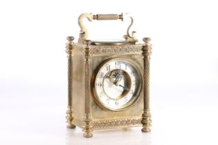 c1900 French gilt metal carriage clock timepiece with integral thermometer and compass, silvered