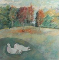 BRENDA LENAGHAN DA RSW (Scottish 1941-2020) *ARR* Pigeons in a landscape Oil painting, signed