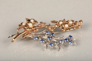 9ct gold floral spray brooch set with sapphires and seed pearls, maker 'C&F', probably Cropp &