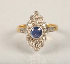 Art Deco period sapphire and diamond plaque ring, the central round cut sapphire surrounded by a