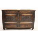 Victorian oak mule chest, plain two panel hinged top and carved two panel front over two short