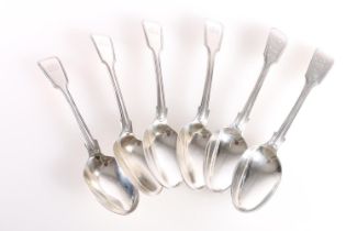 Six George IV silver fiddle and thread pattern dessert spoons, William Chawner, London 1829, 286g.