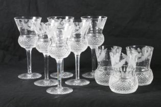 Set of six Edinburgh Crystal thistle pattern wine glasses having thistle shaped bowls with etched