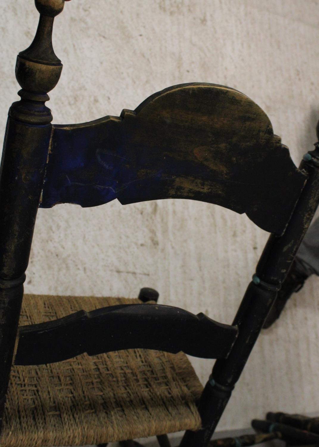 Two pairs of Spanish colonial hall chairs, 19th century, the ebonised chairs painted in gilt - Image 9 of 12