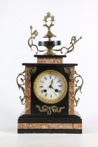 French black slate and marble mantle clock, the enamel dial with Roman Numeral chapter ring, the