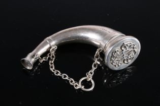 Victorian novelty silver combination vinaigrette and scent bottle of hunting horn form, the cap with