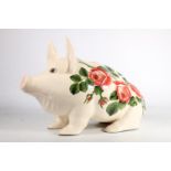 Large Griselda Hill Wemyss pottery pig, the body hand painted with roses, L45cm, H29cm.